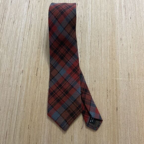 Lilly Dache Mens Neck Tie Red Brown Plaid Rectangle 100% Wool Career Vintage - Picture 1 of 3